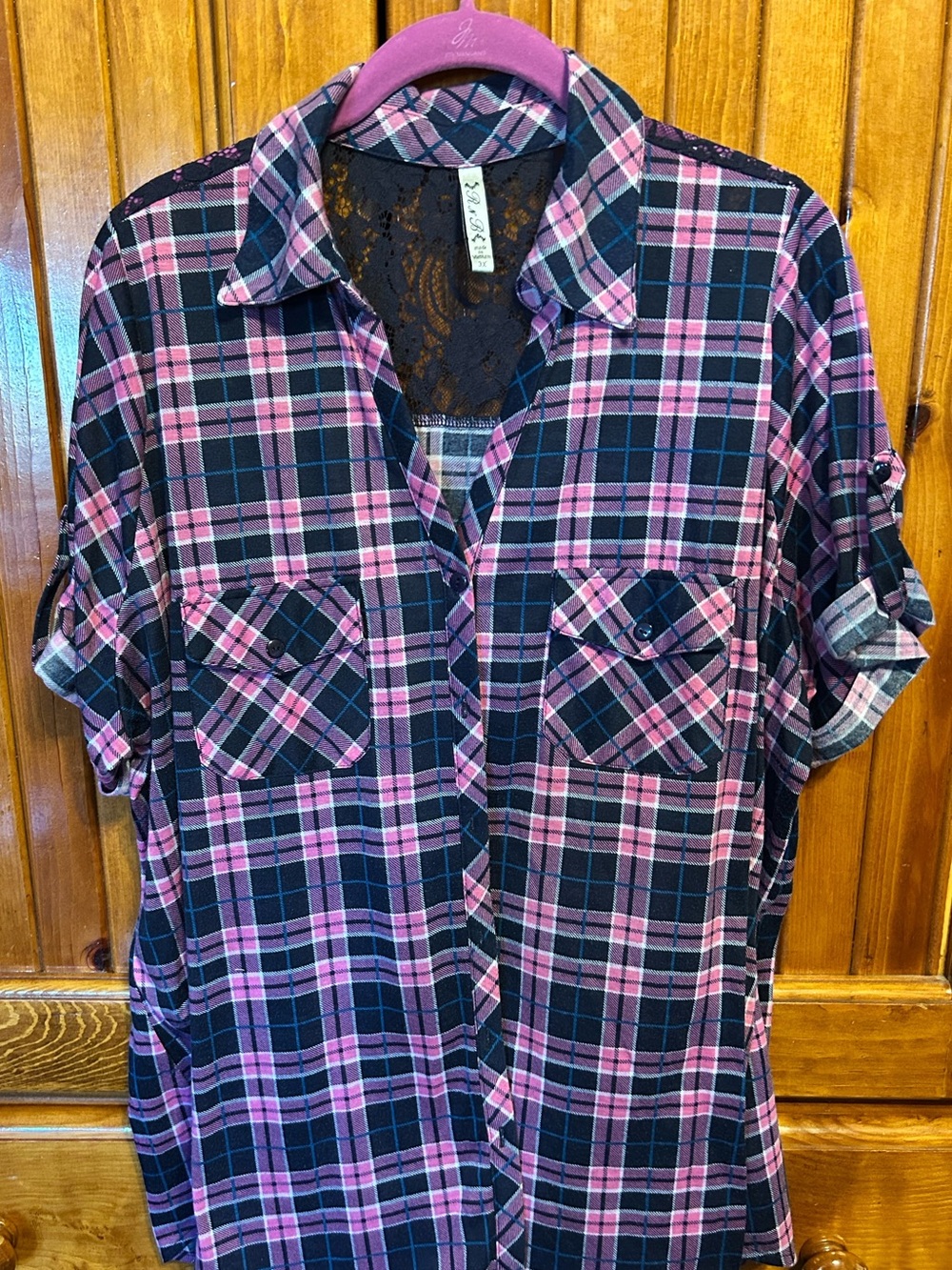 Joy Mangano Pink & Black Plaid Short-Sleeve Button Down Shirt